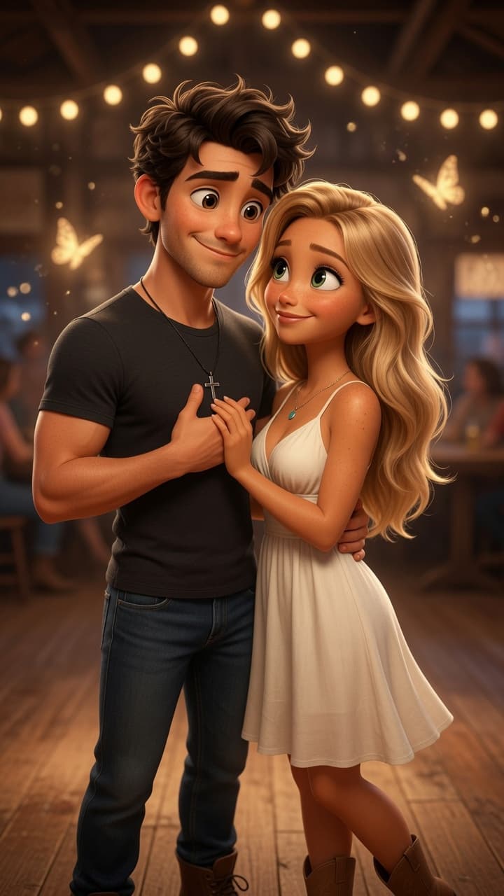 Animated young country couple sharing a tender look beneath warm string lights