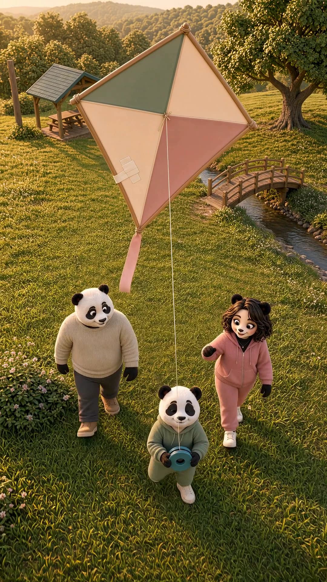 An overhead view of the family following their kite across the meadow