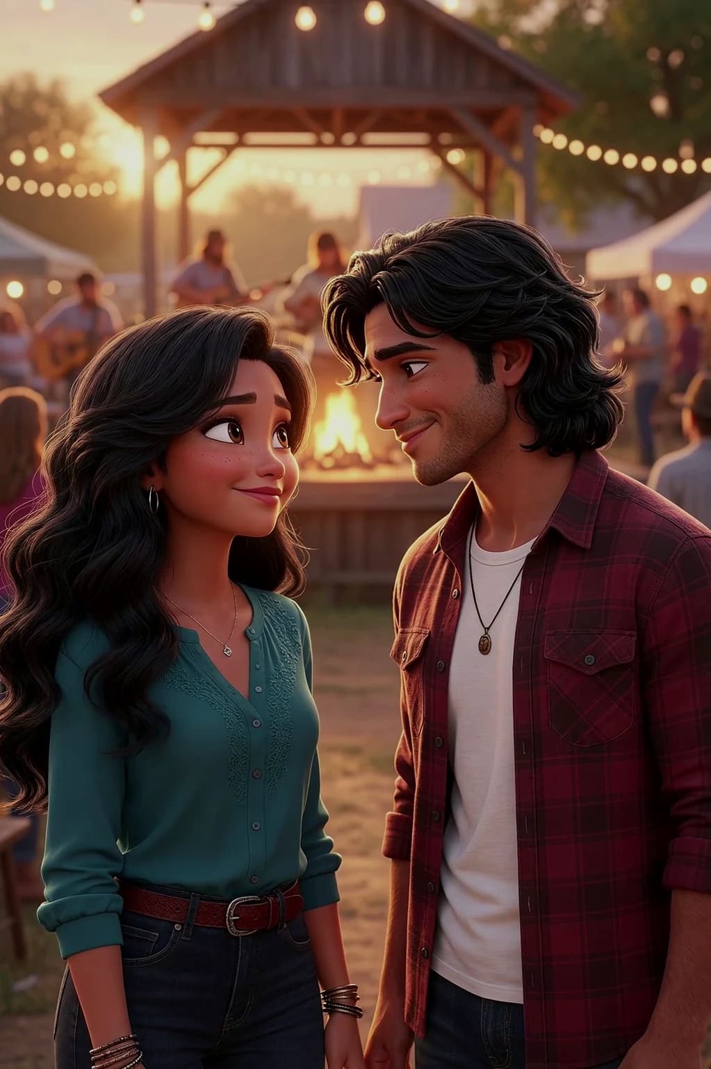 Animated young country couple meeting at a fair beneath warm string lights