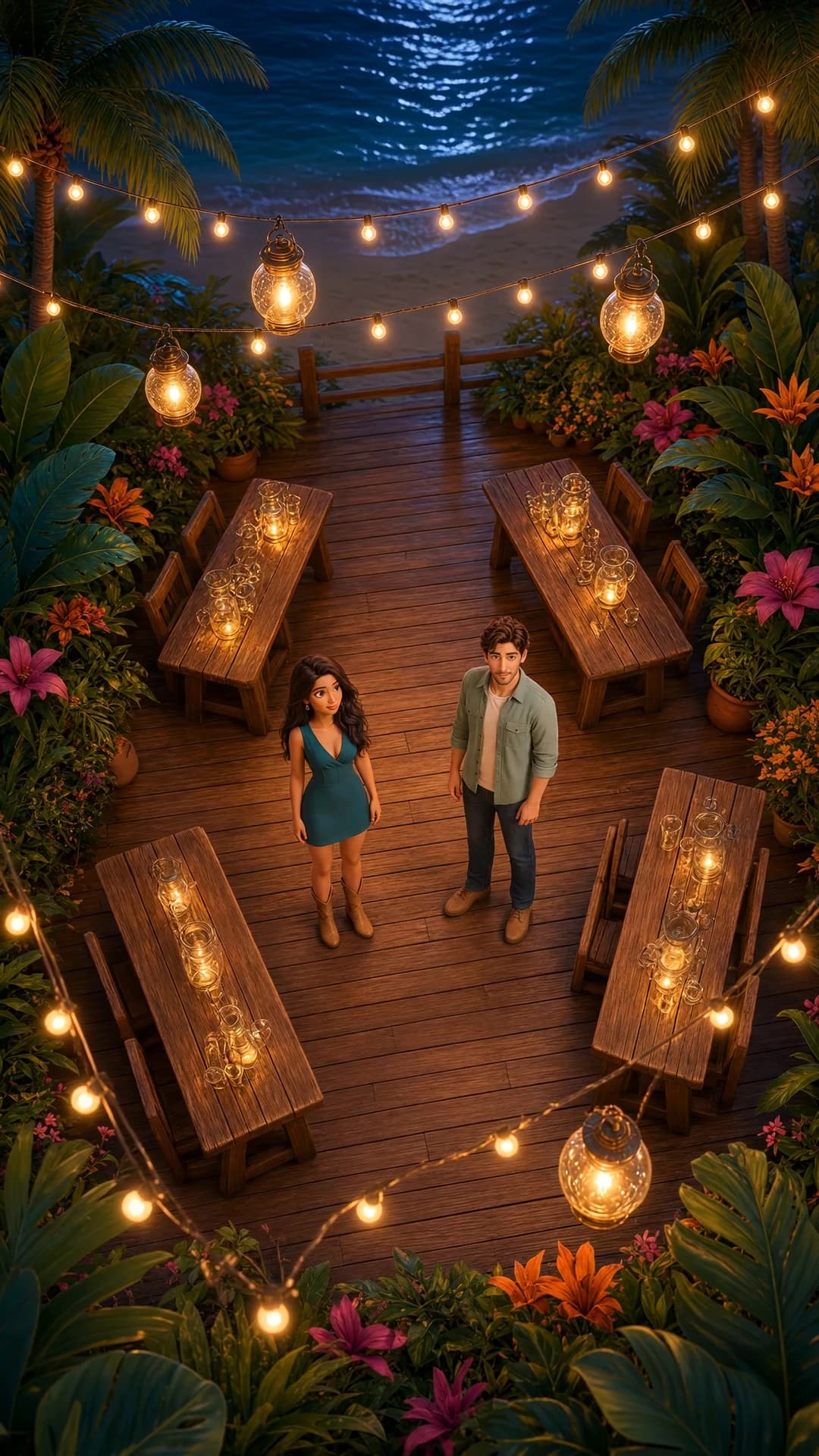 Birdie and Wade meeting beneath lanterns at the tropical island resort