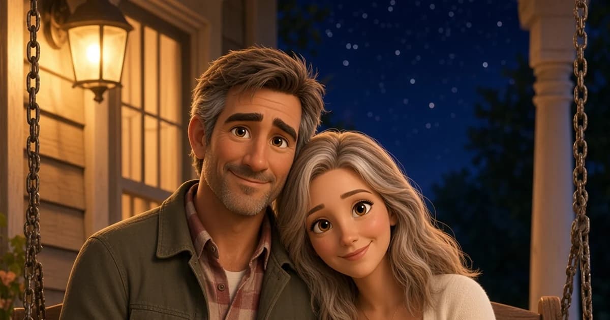 Older couple sharing a quiet look together on a porch swing at night