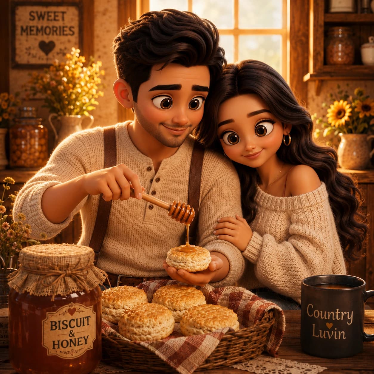 Biscuit & Honey artwork showing a cozy country couple in a rustic kitchen with biscuits and honey.