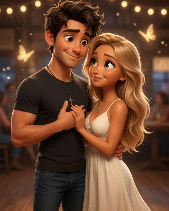 Animated young country couple sharing a tender look beneath warm string lights