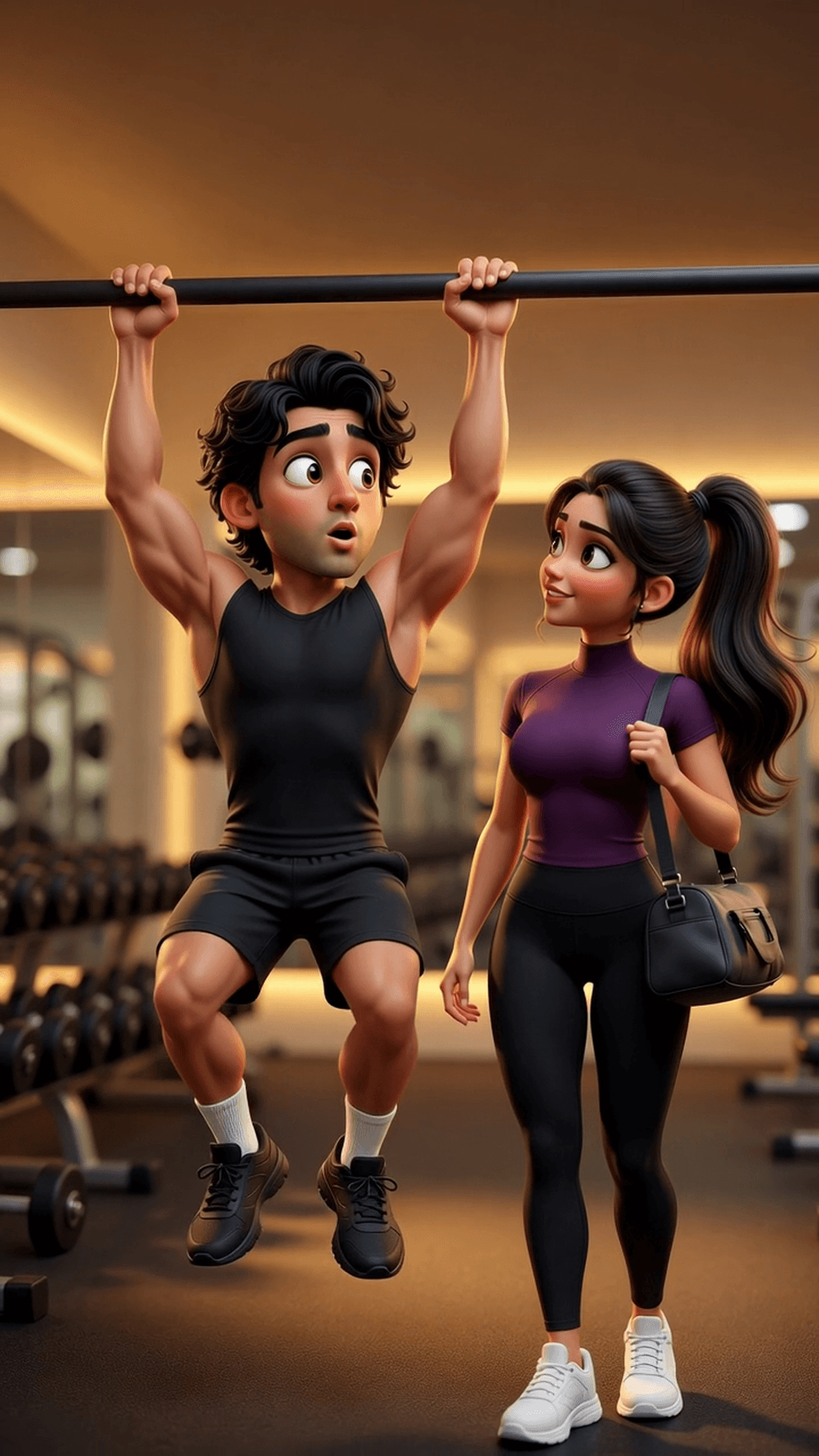 Animated adult couple sharing a playful glance while a man hangs from a pull-up bar in a warmly lit gym.