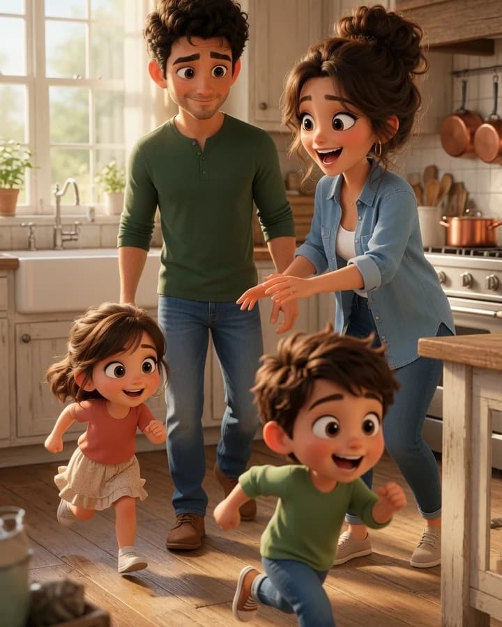Young parents laughing as their two children race through a sunlit kitchen