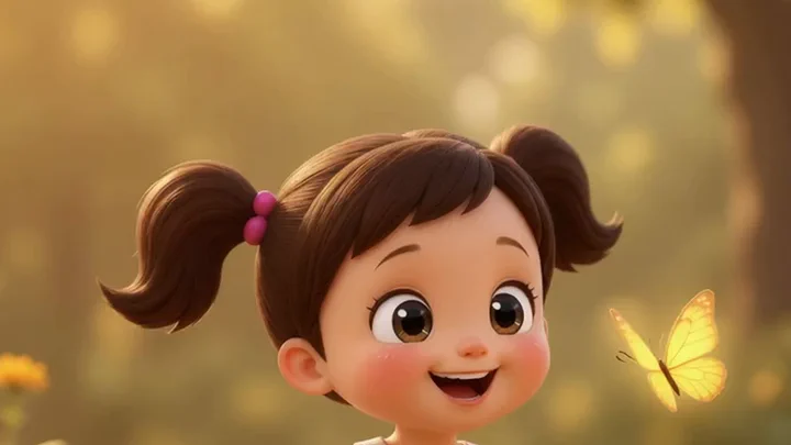 Young girl running toward a butterfly through a golden pumpkin patch