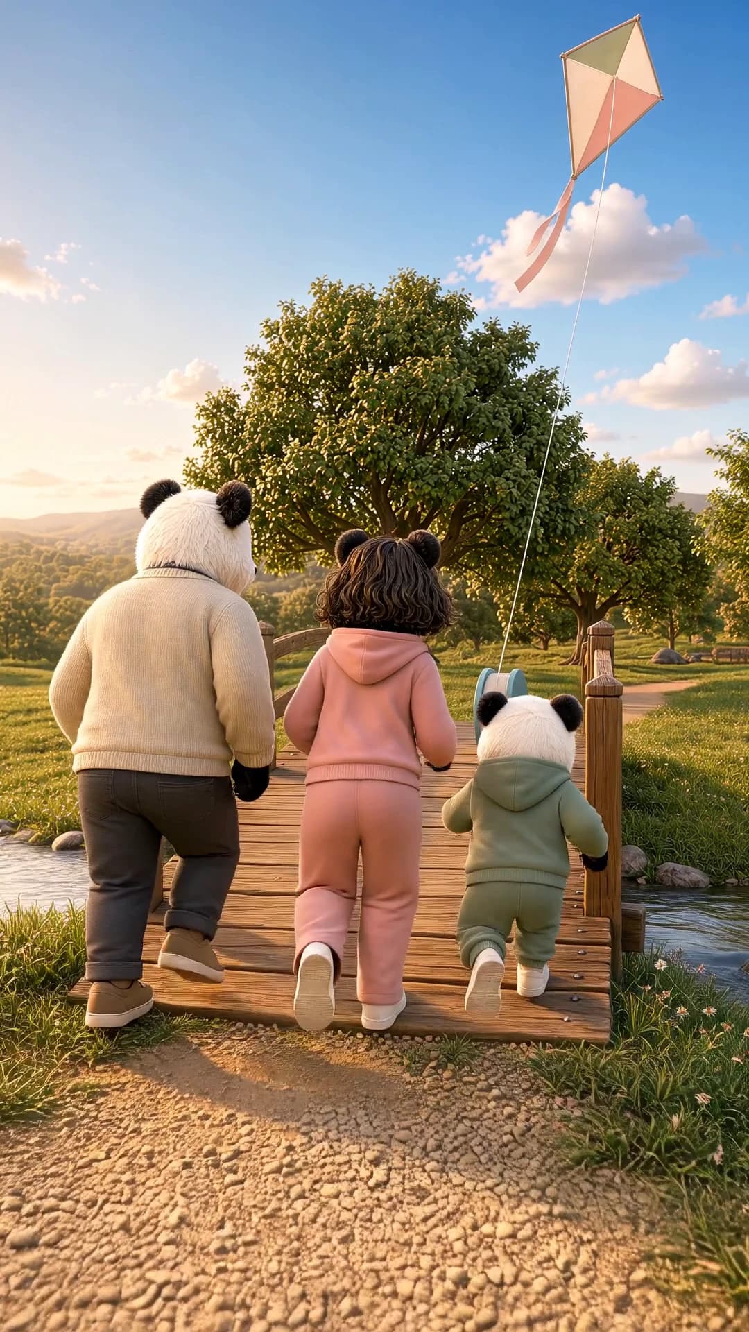 The three of them running across a footbridge after the escaped kite, seen from behind