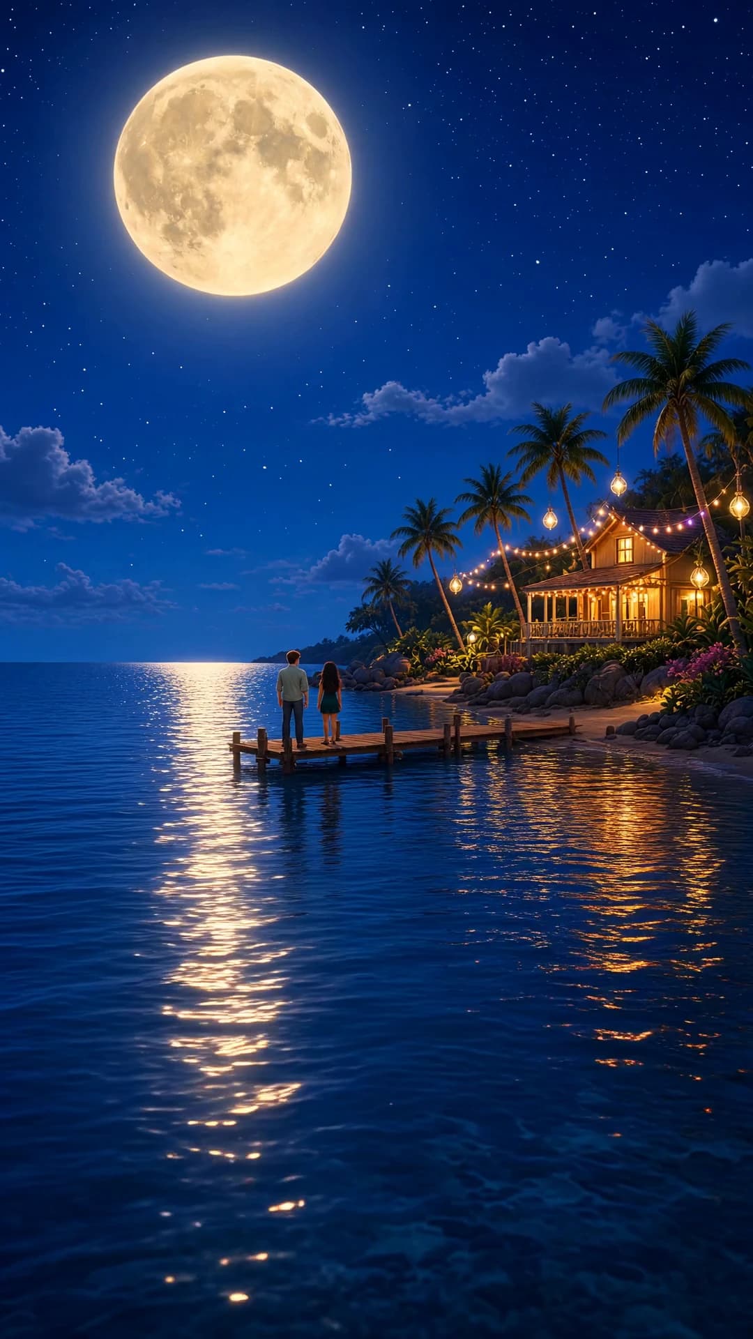 Birdie and Wade standing on the pier across from the moonlit island lodge