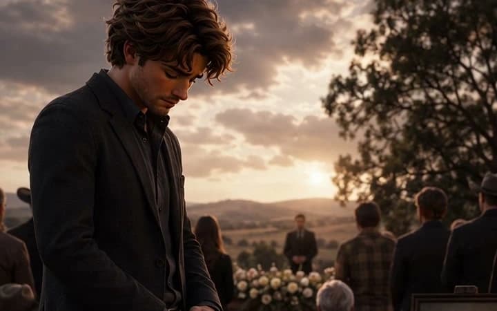 North Star Gone story scene: a grieving man at a memorial service