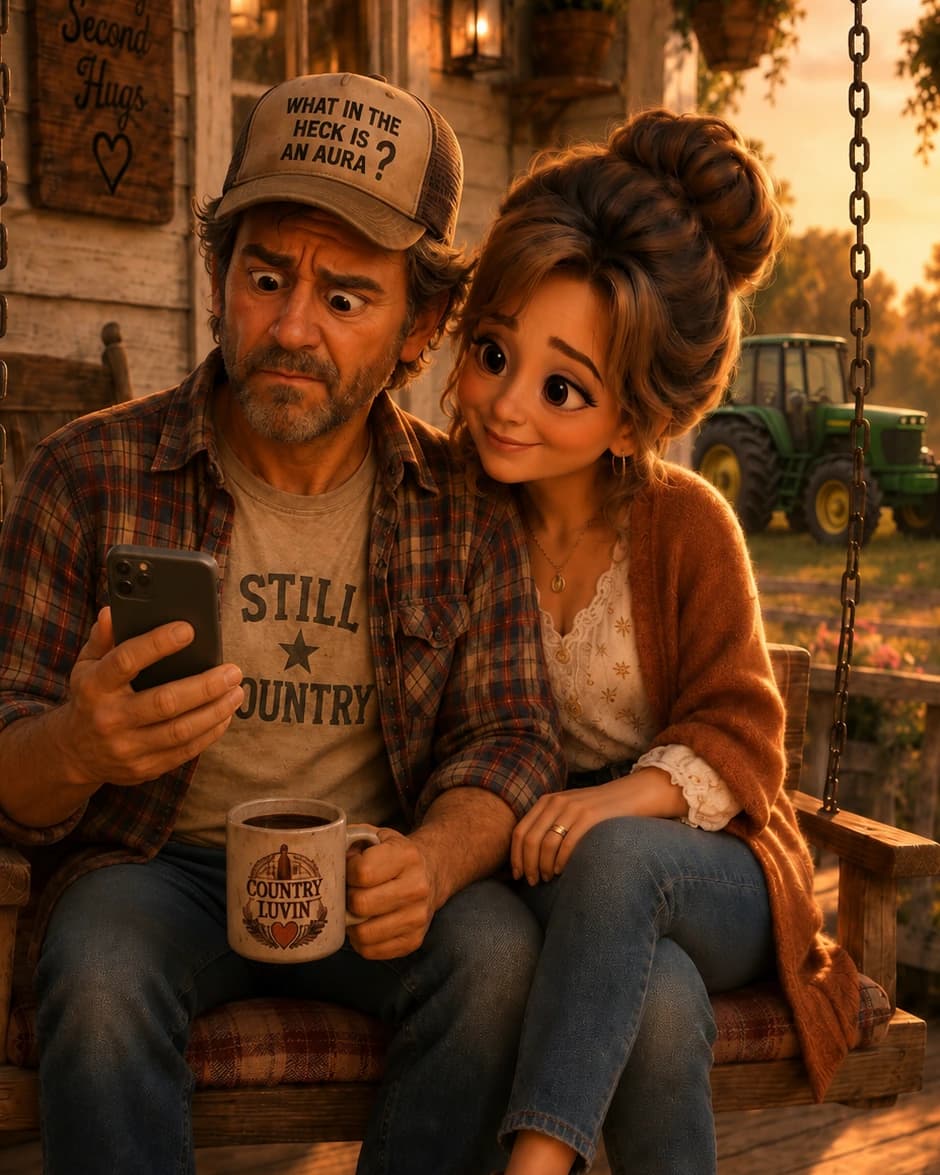 Aura Farming Redneck hero scene: a confused country husband and his amused wife checking a phone on their porch swing