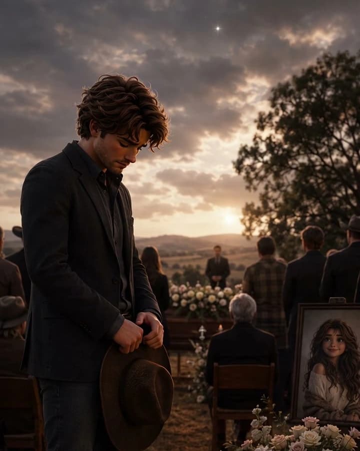 North Star Gone hero scene: a grieving man standing at a memorial service