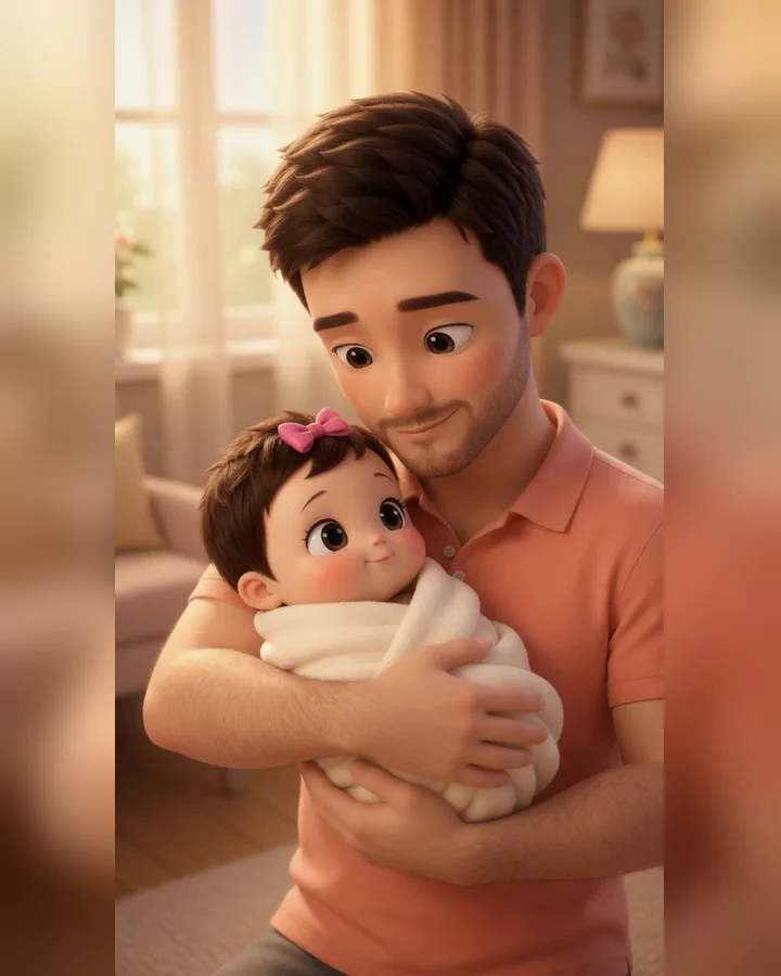 Father cradling his newborn daughter in warm hospital light