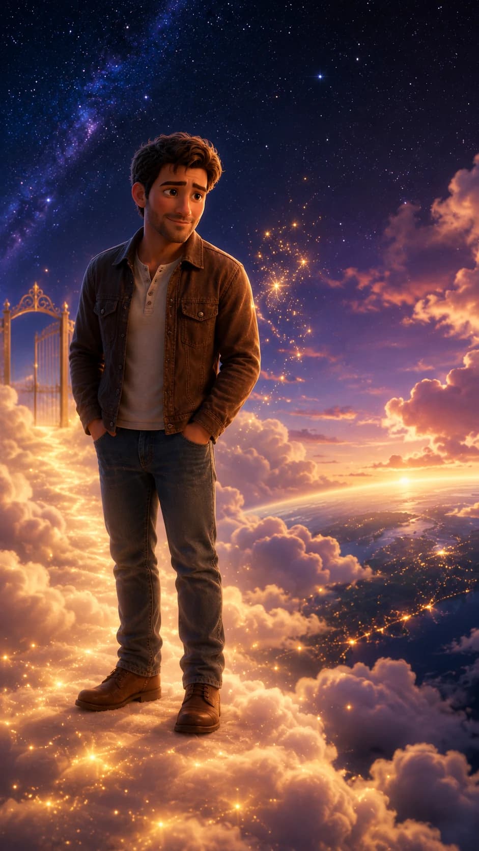 Animated father standing on a glowing path through the clouds beneath a star-filled sky