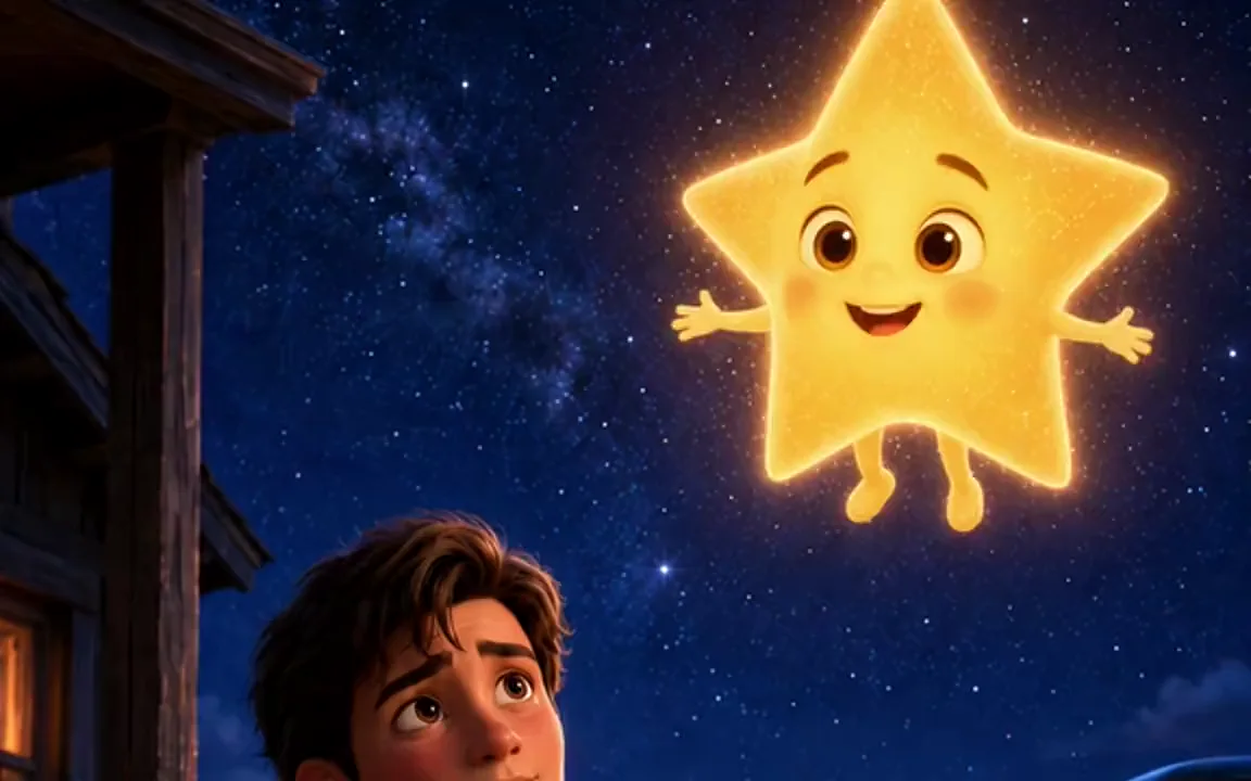 Animated father standing on a glowing path through the clouds beneath a star-filled sky