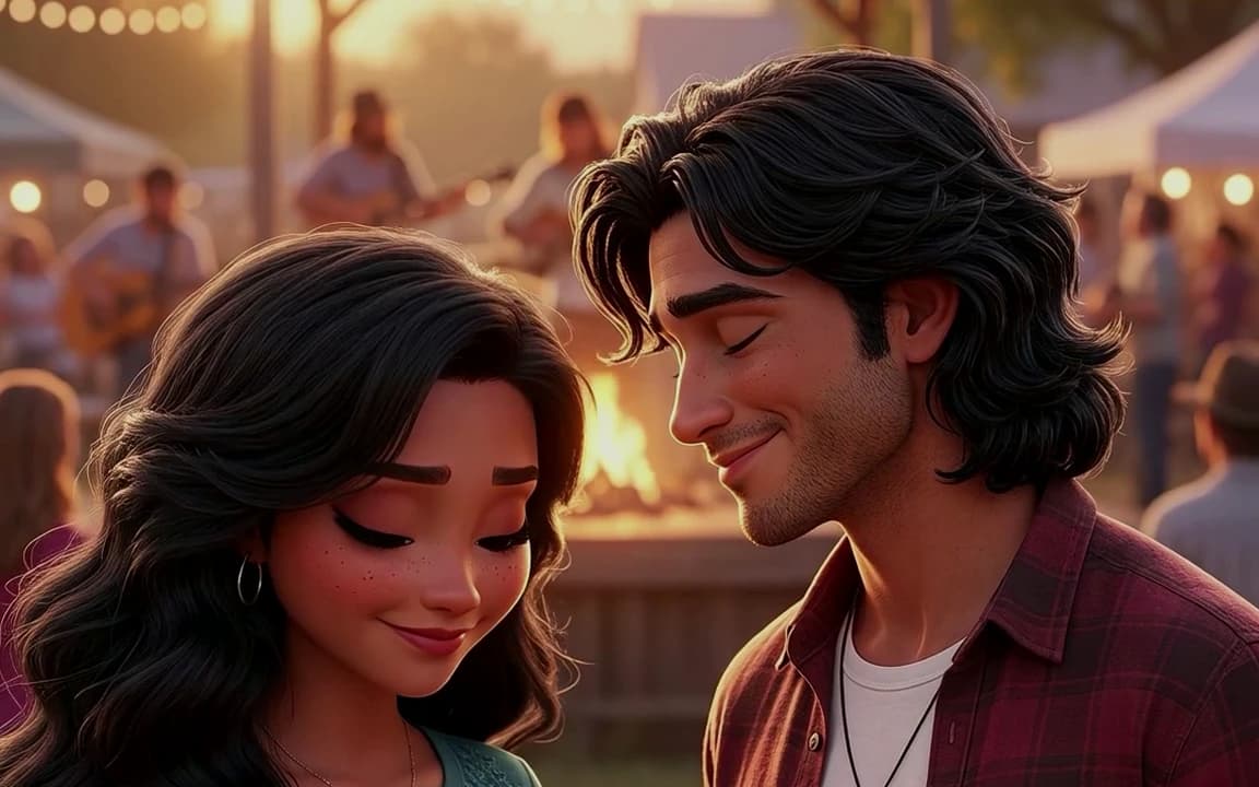 Animated young country couple meeting at a fair beneath warm string lights