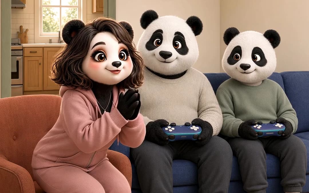 She laughs in the pink armchair while he and the grown kid play a game together on the couch