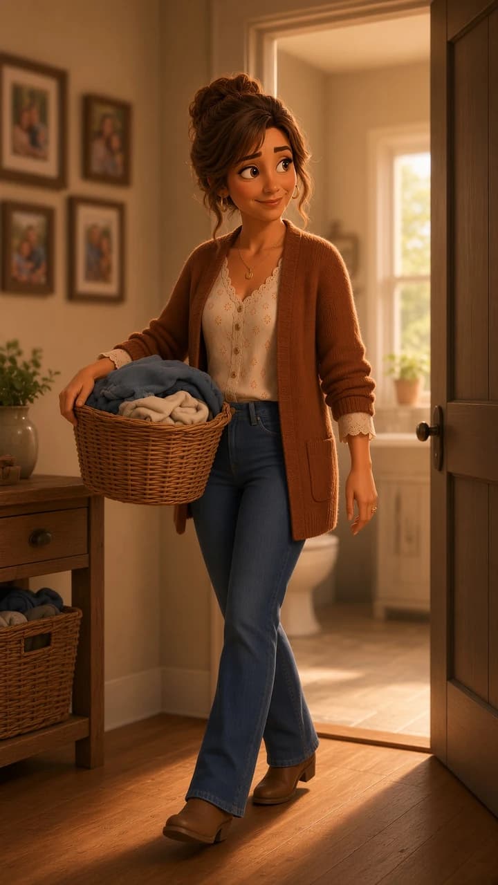 Country wife carrying laundry through the warm farmhouse light
