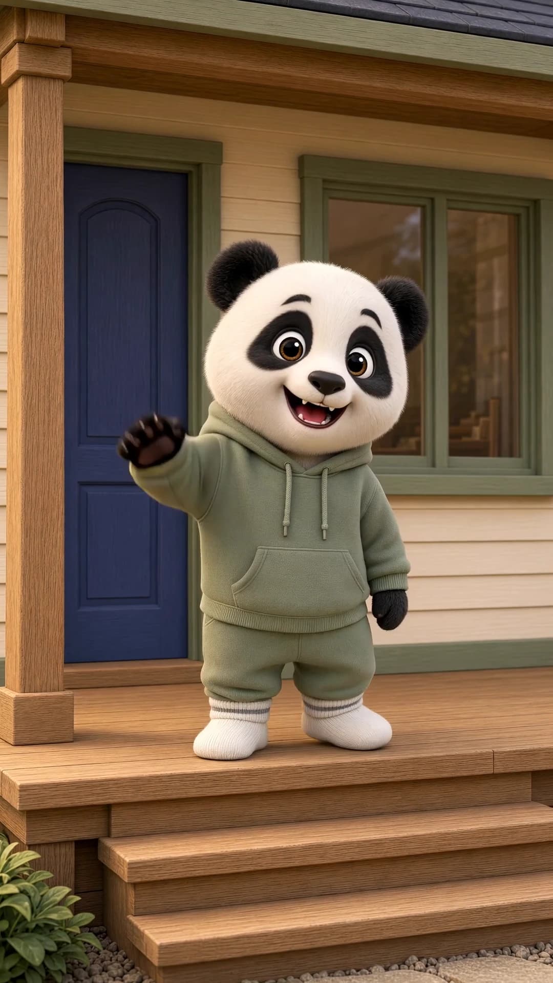 The eight-year-old kid in a sage-green hoodie standing in the doorway, waving him in
