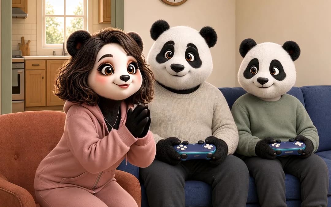 The family together in the living room, her laughing in the pink armchair and him and the grown kid holding controllers on the couch
