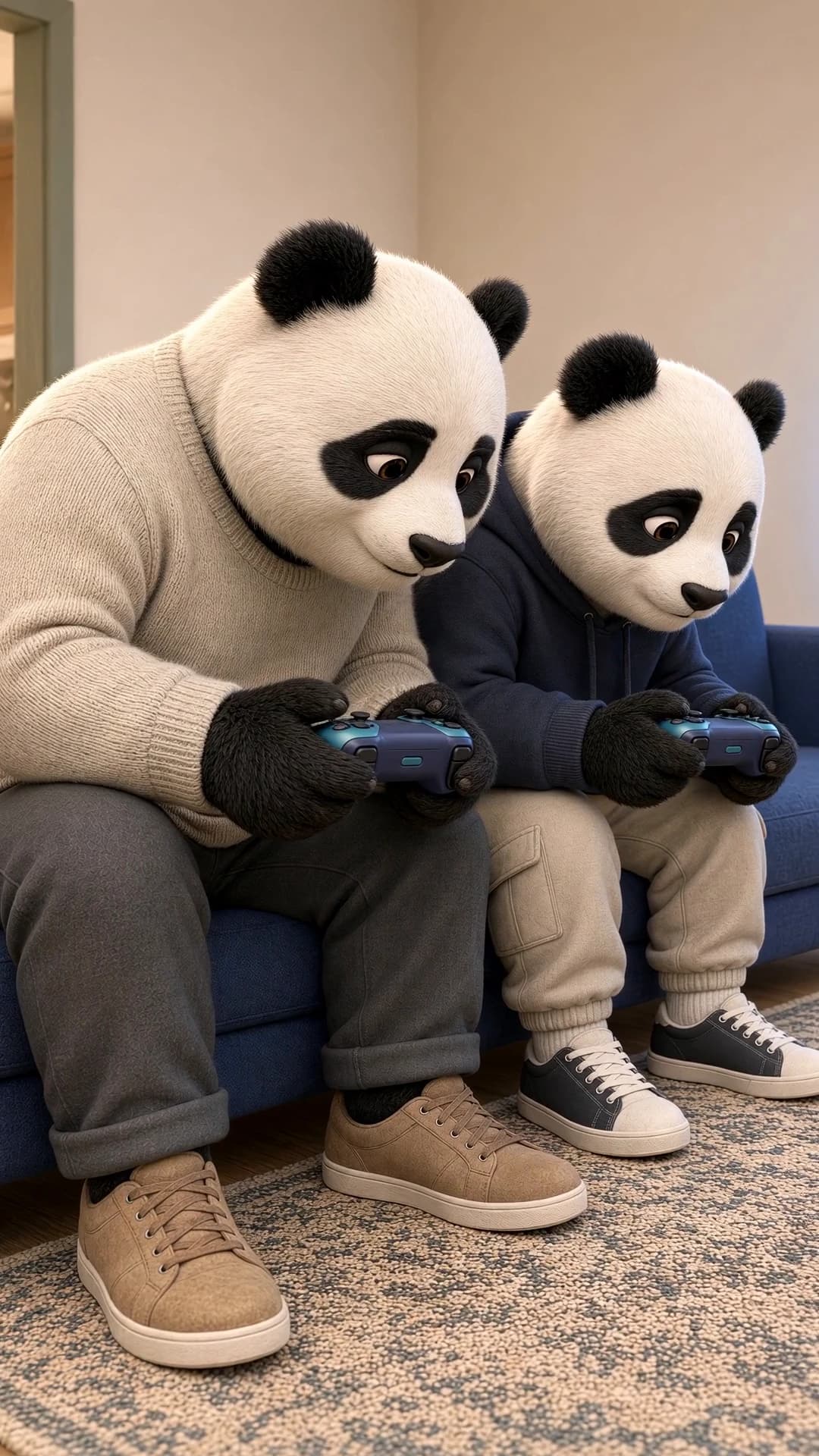 He and the seventeen-year-old kid in a sage-green hoodie leaning into a game on the couch, controllers in hand