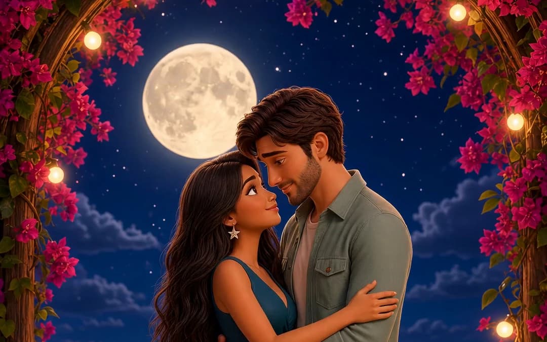 Birdie and Wade in a close pre-kiss embrace beneath moonlit tropical flowers