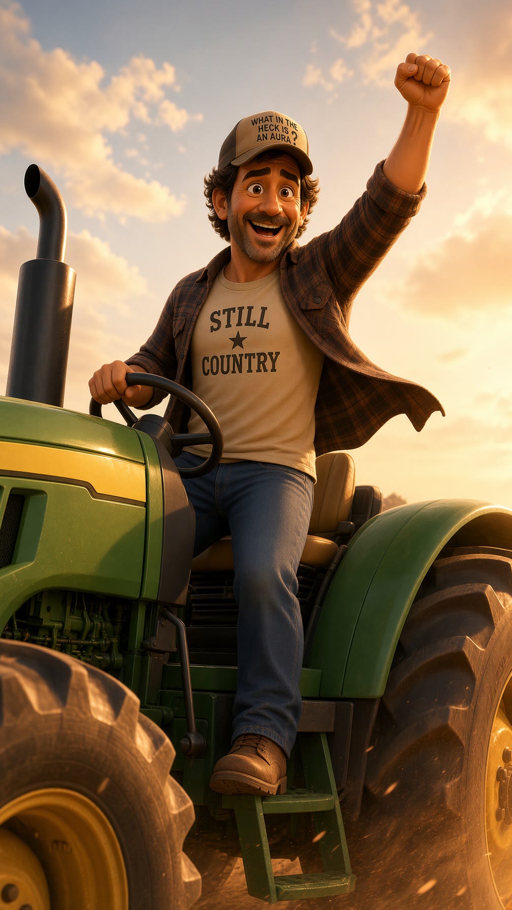 Smiling farmer in a cap raising one fist while driving a green tractor at sunset