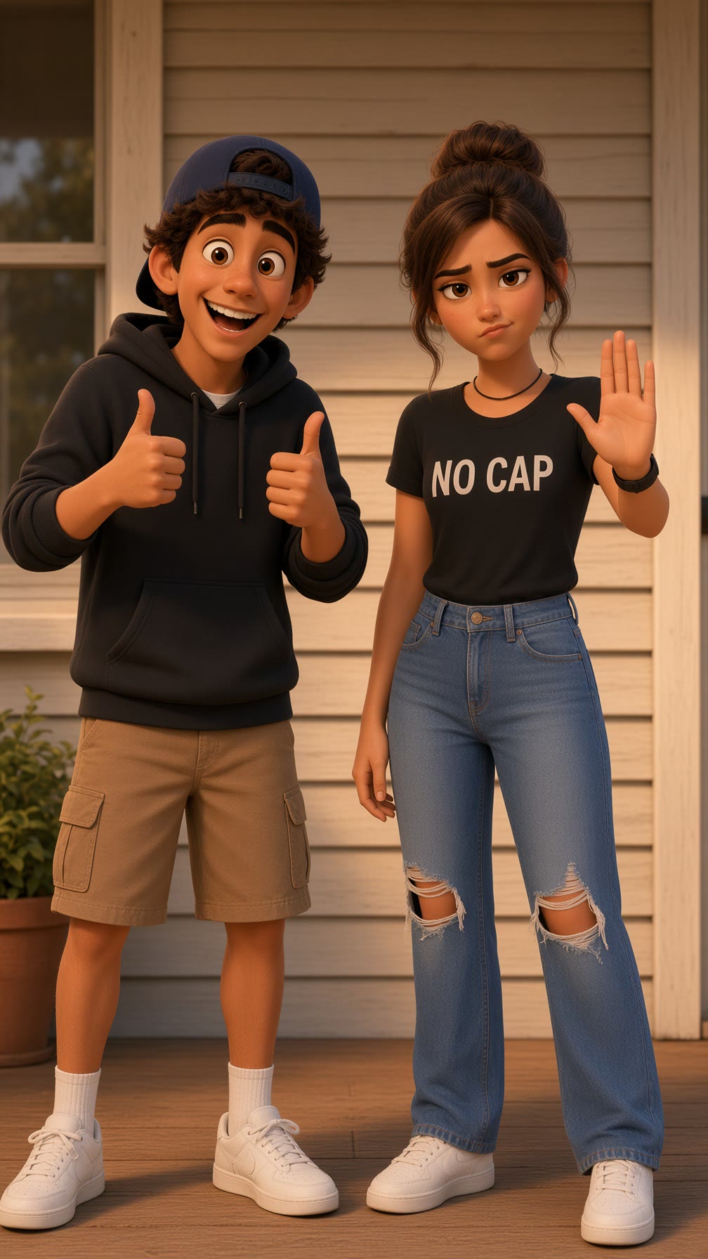 Teen boy giving two thumbs up beside a teen girl raising one hand on a farmhouse porch